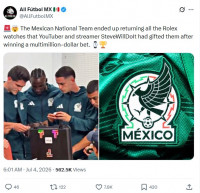 美 유튜버가 쏜 롤렉스… 18억 벌고 멕시코 선수단에 증정했지만, FIFA 징계 우려에 '반려'