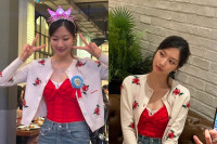 문가영, 청순 가디건 속 새빨간 코르셋룩…1천만원 기부한 통 큰 생일자 반전 매력